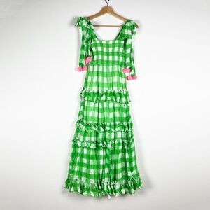Sundress Berenice Chiffon Green White Gingham Check Tiered Maxi Dress XS/S